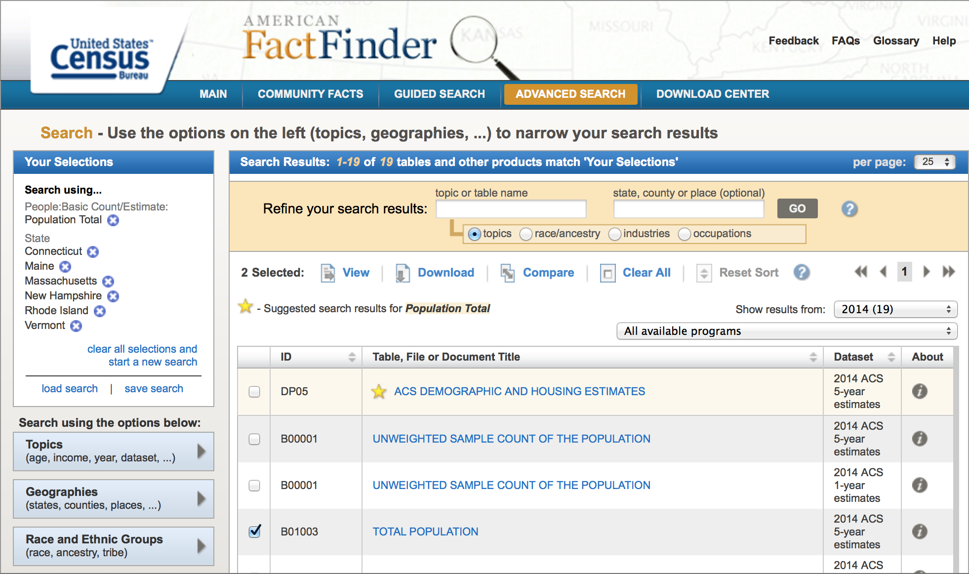 The Census Bureau’s American Factfinder, showing a search for basic count estimates for the New England states