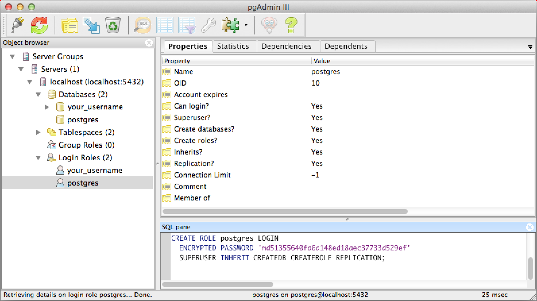 The pgAdmin application window, showing a connected server in the Object Browser pane and its details in the Information pane.