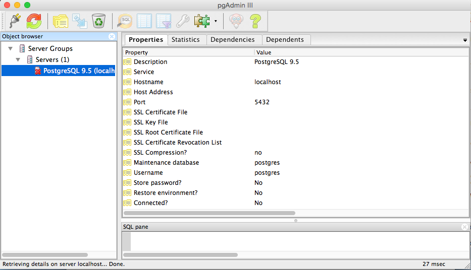 The pgAdmin application window, showing the Toolbar, the Object Browser pane, the Information pane, and the SQL pane.