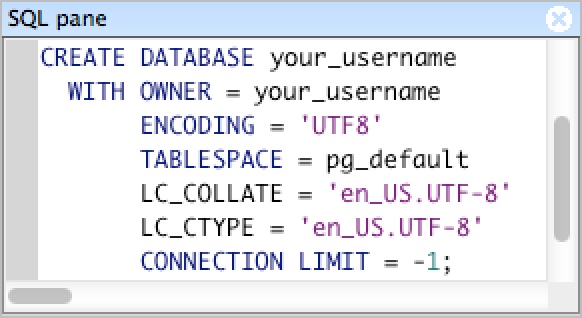 pgAdmin SQL pane with a database creation command