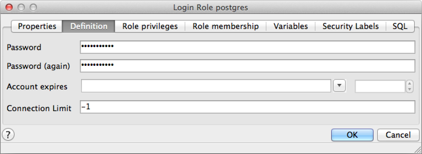 The pgAdmin Properties dialog of the login role postgres, where its password is set