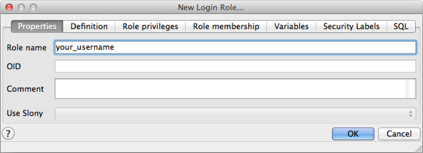 The pgAdmin New Login Role dialog, showing the Properties tab where one enters a new username.