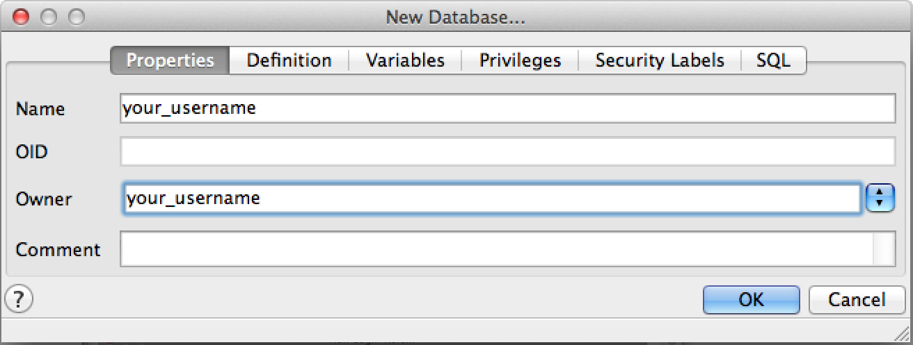 The pgAdmin New Database dialog, showing the Properties tab where one enters the database name and the user that owns it.