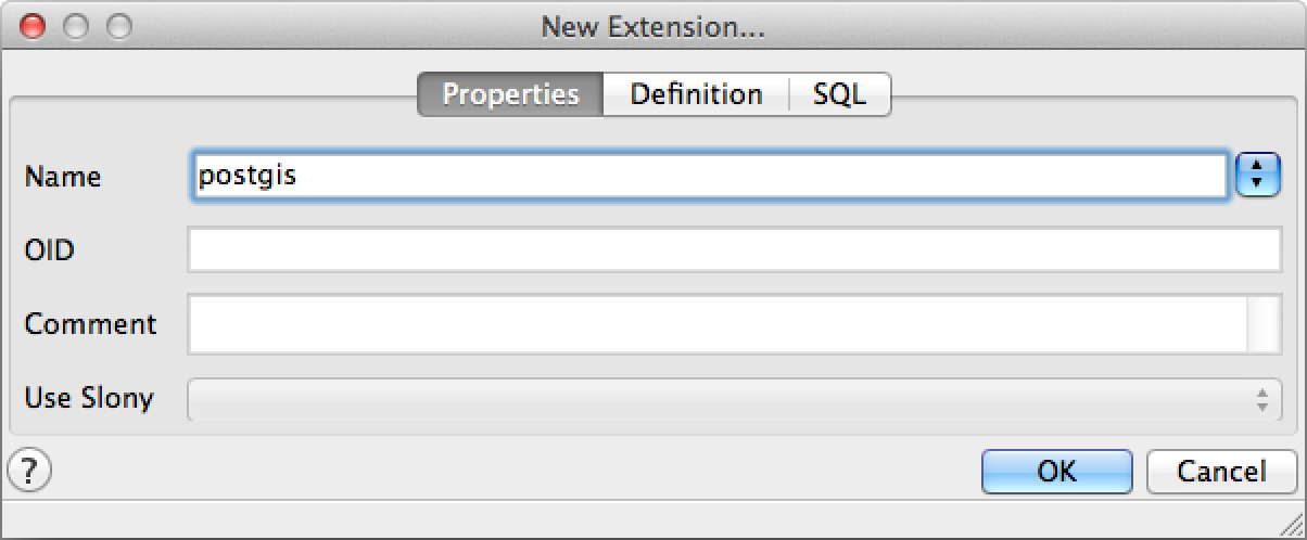 The pgAdmin New Extension dialog, showing the Properties tab where one chooses the extension to add to the database.