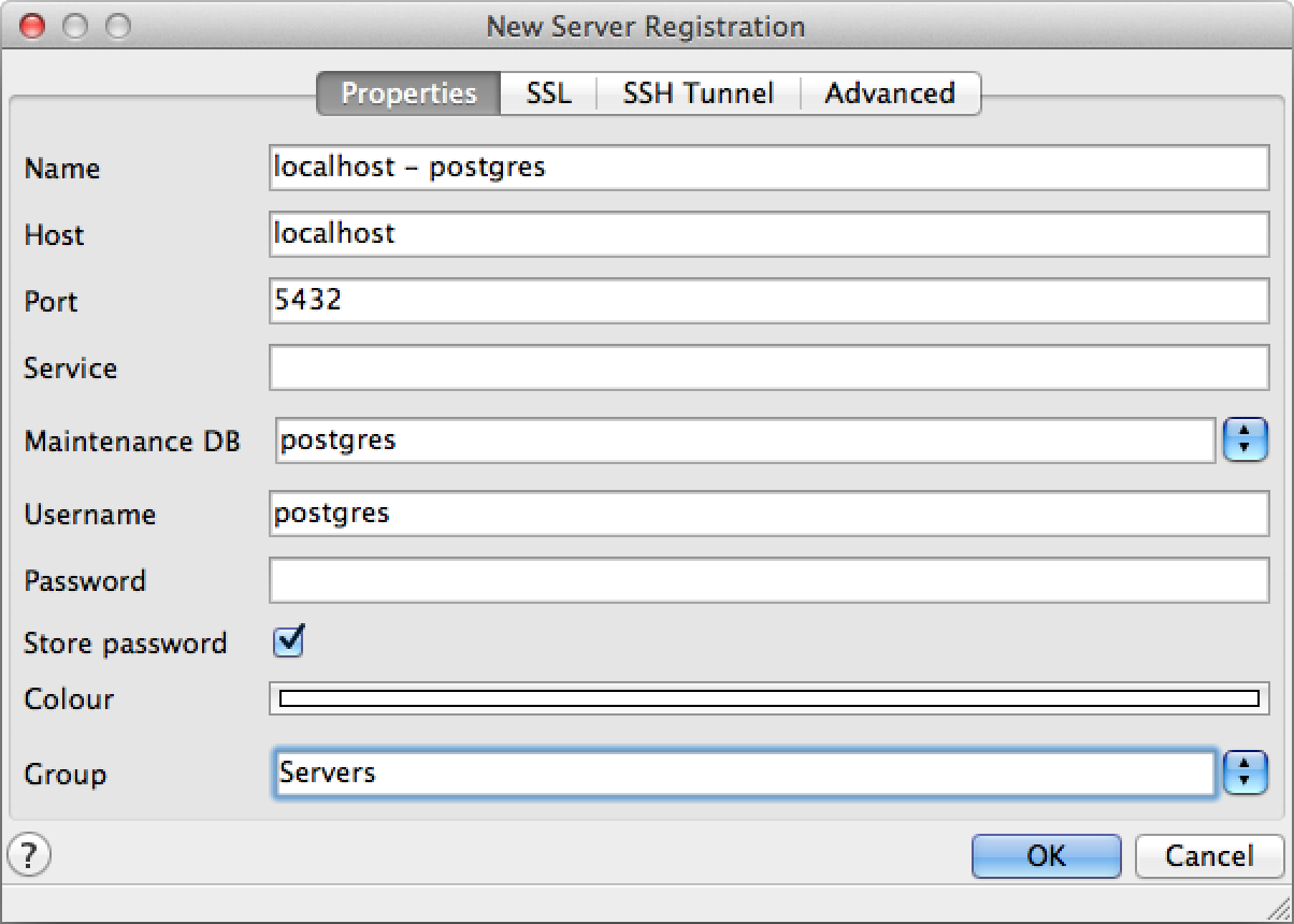 The pgAdmin New Server Registration Properties dialog, with a postgres username.