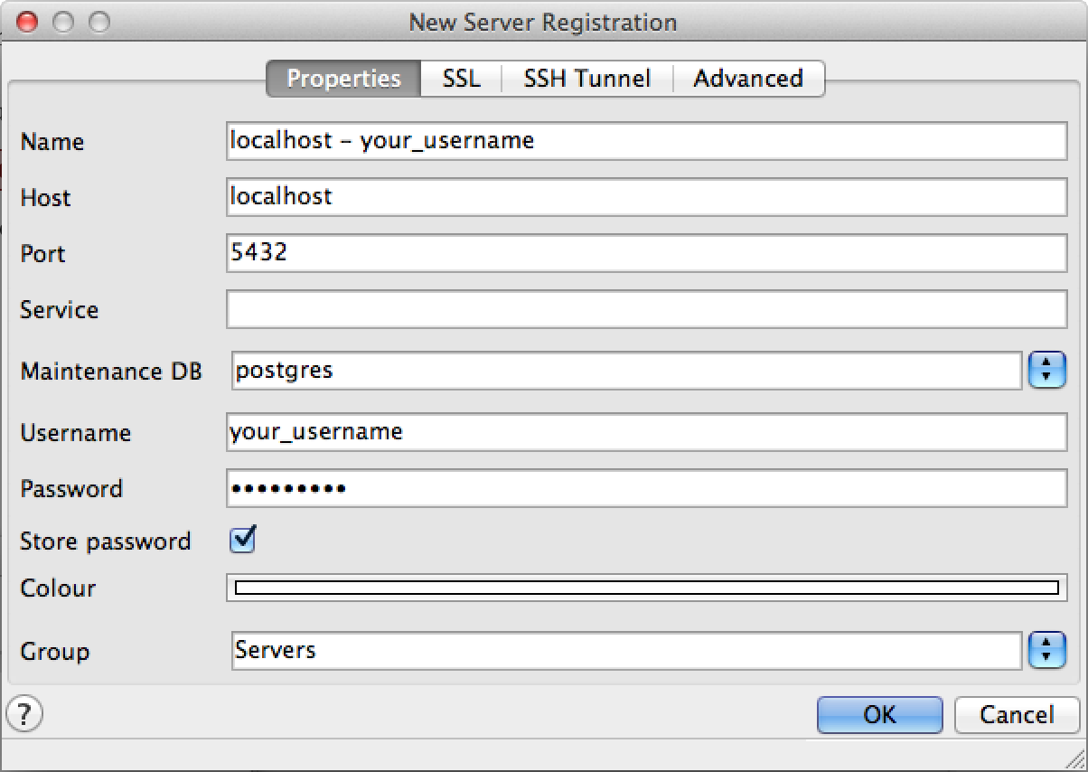 The pgAdmin New Server Registration Properties dialog, with a personal username.